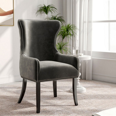 Dark Grey Velvet Dining Chair Studded Design Kitchen Chair Accent Chair with Wooden Legs