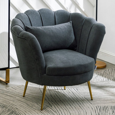 Dark Grey Velvet Tufted Tub Chair Scalloped Back with Cushion