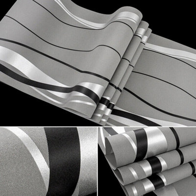Dark Grey Wave Stripe Non Woven Geometric Patterned Wallpaper