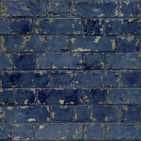 Dark Navy Midnight Blue Metallic Gold Brick Stone Feature Rustic Wallpaper 3D