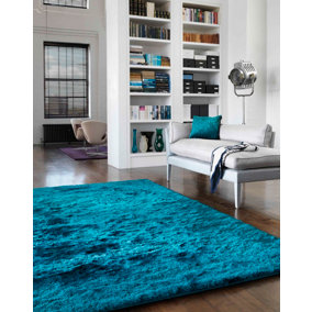 Dark Teal Super Soft Shaggy Handmade Modern Plain Sparkle Easy to Clean Rug For Dining Room Bedroom Living Room-140cm X 200cm