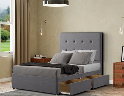 Darlington Divan Bed 2 Drawers Floor Standing Headboard Matching Buttons Linen Grey