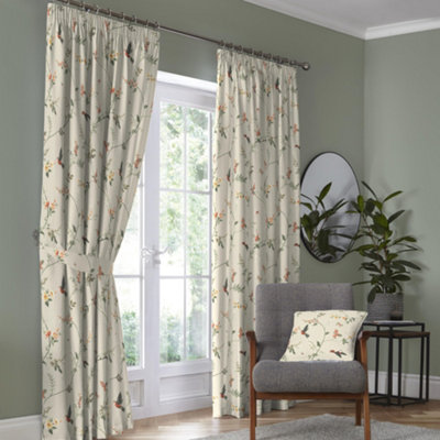 Darnley Nature Inspired Print Pair of Pencil Pleat Curtains With Tie-Backs