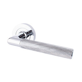 Dart Heavy Cast Brass Knurled Lever Door Handle - Unsprung on a Concealed Round Rose (Sold in Pairs) - Polished Chrome