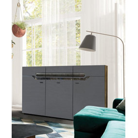 Davos 12 Sideboard Cabinet in Dark Walnut, Grey Gloss & Marble Decor - W1300mm H900mm D420mm, Luxuriously Modern