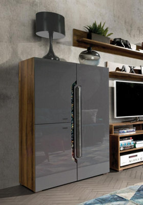 Davos 15 Highboard Cabinet in Dark Walnut, Grey Gloss & Marble Decor - W860mm H1310mm D420mm, Elegantly Functional