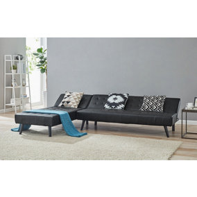 Dawson 3 Seater Sofa Bed Chaise L Shape PVC Fabric Recliner Corner Sofabed, Black