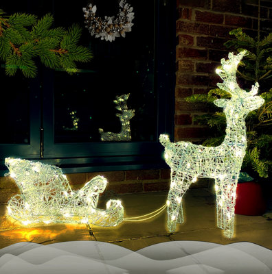 Dawsons Living 70cm LED Pre-Lit Christmas Reindeer & Sleigh 3D Acrylic  Decoration - Large Rudolph Figure in Warm White LED Lights