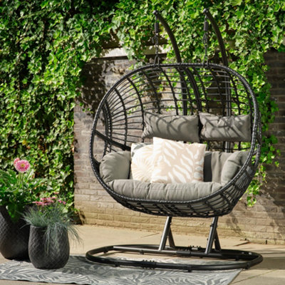 Dawsons Living Black Vienna Hanging Double Egg Chair Outdoor Indoor Rattan Weave Swing Hammock with