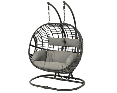 Dawsons Living Black Vienna Hanging Double Egg Chair - Outdoor & Indoor Rattan Weave Swing Hammock - with Hanging Stand