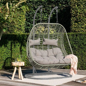 Dawsons Living Grey Vienna Hanging Double Egg Chair - Outdoor or Indoor Rattan Weave Swing Hammock - with Hanging Stand