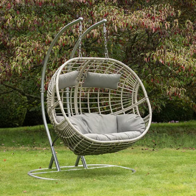 Dawsons Living Grey Vienna Hanging Double Egg Chair Outdoor or Indoor Rattan Weave Swing Hammock with Hanging Stand DIY at B Q