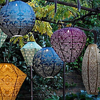 Dawsons Living, Solar Powered LED Large Garden Lantern Outdoor Light - Select Colours & Shapes - Round Moroccan Blue