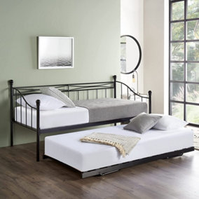 Day Bed With Trundle Pull Out Bed & 1 Mattress Black Metal Bed