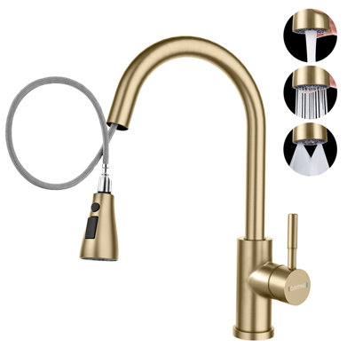 Dayone Brushed Gold SUS304 Stainless Steel Kitchen Mixer Tap with Pull Out Spray High Arc 360 Swivel 3 Modes