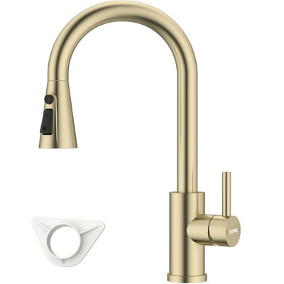 Dayone Brushed Gold SUS304 Stainless Steel Kitchen Mixer Tap with Pull Out Sprayer High Arc 360 Swivel 3 Modes