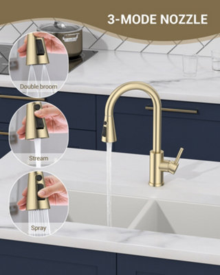 Dayone Brushed Gold SUS304 Stainless Steel Kitchen Mixer Tap with Pull Out Sprayer High Arc 360 Swivel 3 Modes