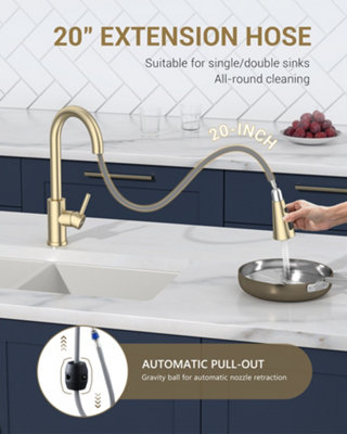 Dayone Brushed Gold SUS304 Stainless Steel Kitchen Mixer Tap with Pull Out Sprayer High Arc 360 Swivel 3 Modes