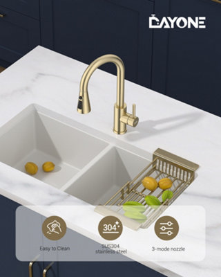 Dayone Brushed Gold SUS304 Stainless Steel Kitchen Mixer Tap with Pull Out Sprayer High Arc 360 Swivel 3 Modes
