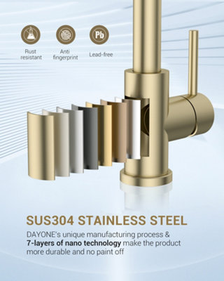Dayone Brushed Gold SUS304 Stainless Steel Kitchen Mixer Tap with Pull Out Sprayer High Arc 360 Swivel 3 Modes