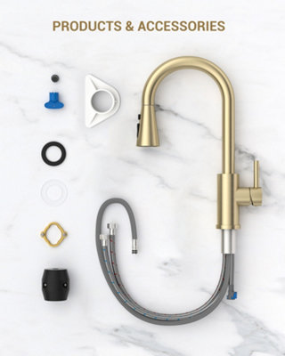 Dayone Brushed Gold SUS304 Stainless Steel Kitchen Mixer Tap with Pull Out Sprayer High Arc 360 Swivel 3 Modes