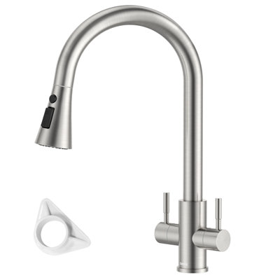 Dayone Brushed Stainless Steel Pull Out Kitchen Mixer Tap Dual Lever 360 Swivel 3 Mode Spray (G1/2)