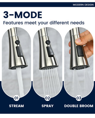 Dayone Brushed Stainless Steel Pull Out Kitchen Mixer Tap Dual Lever 360 Swivel 3 Mode Spray (G1/2)