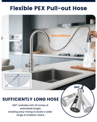 Dayone Brushed Stainless Steel Pull Out Kitchen Mixer Tap Dual Lever 360 Swivel 3 Mode Spray (G1/2)