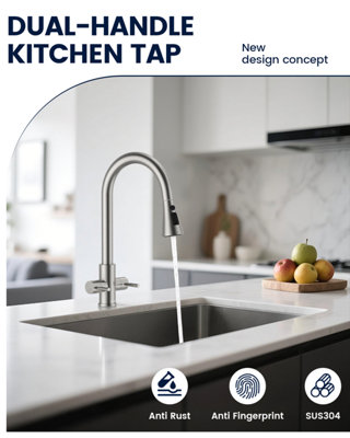 Dayone Brushed Stainless Steel Pull Out Kitchen Mixer Tap Dual Lever 360 Swivel 3 Mode Spray (G1/2)