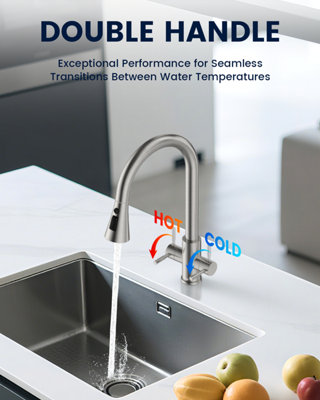Dayone Brushed Stainless Steel Pull Out Kitchen Mixer Tap Dual Lever 360 Swivel 3 Mode Spray (G1/2)