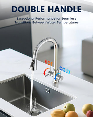 Dayone Chrome Dual Lever Kitchen Tap with Pull-Out 3-Mode Sprayer and ...