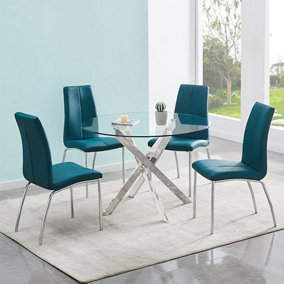 Daytona Round Clear Glass Dining Table With 4 Opal Teal Chairs