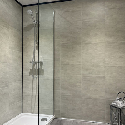 DBS Bathrooms Multi Grey Large Tile Effect 8mm PVC Bathroom Wall Panels Pack of 5 (5.2Sqm)