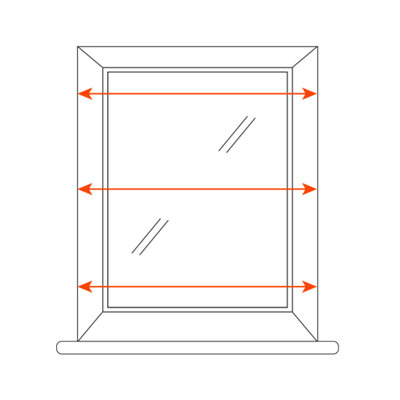 An illustration of a window with 3 arrows spanning across the window and frame, indicating where to measure when fitting blinds inside a window recess.