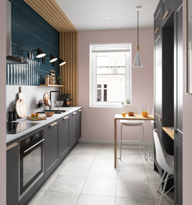 Light pink and grey galley kitchen.
