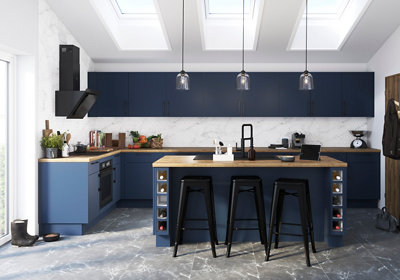 A dark blue kitchen with grey and white marble effect floor tiles.