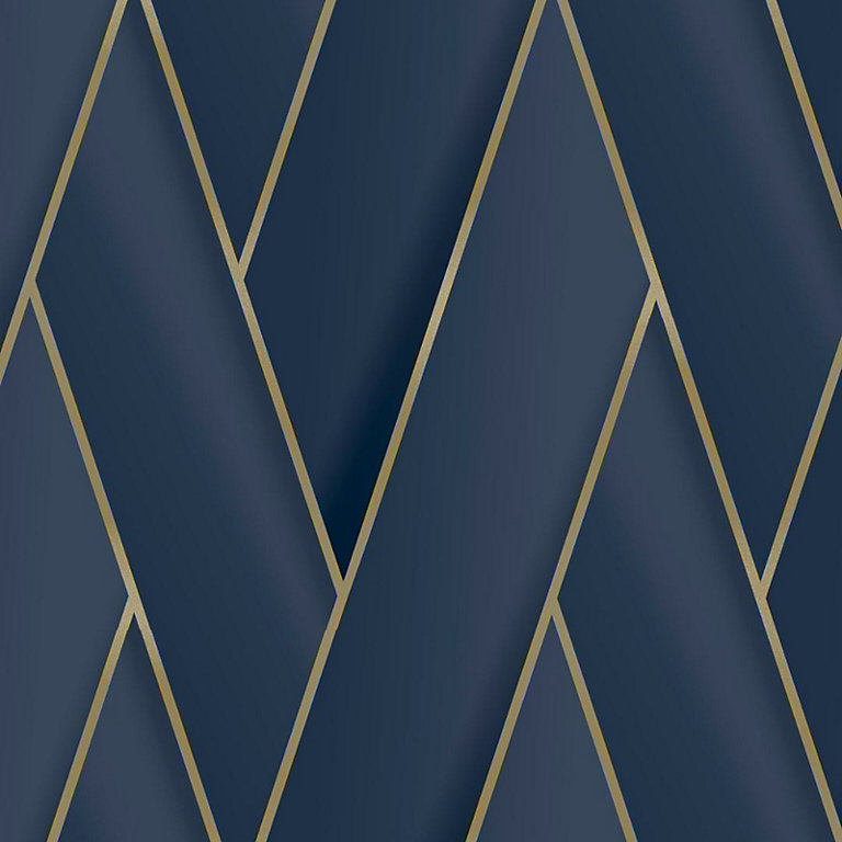 Debona Armando Herringbone lattice Geometric Motif Geo Metallic Vinyl  Wallpaper Navy Blue Gold 2121 | DIY at B&Q
