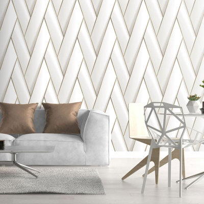 Debona Armando Herringbone lattice Geometric Motif Geo Metallic Vinyl Wallpaper White Gold 2120