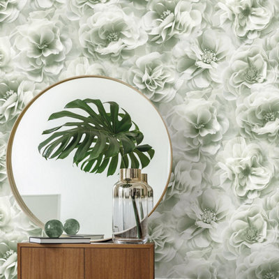 Debona Bloom Sage Green Wallpaper Floral Rose Glamorous Stylish Feature Wall