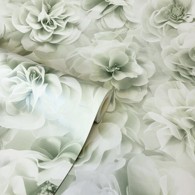 Debona Bloom Sage Green Wallpaper Floral Rose Glamorous Stylish Feature Wall