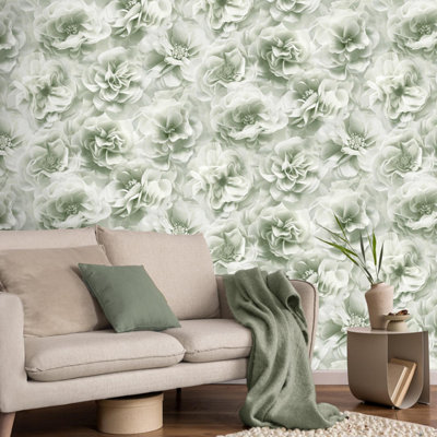 Debona Bloom Sage Green Wallpaper Floral Rose Glamorous Stylish Feature Wall
