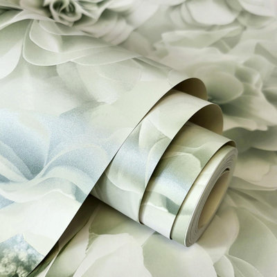 Debona Bloom Sage Green Wallpaper Floral Rose Glamorous Stylish Feature Wall