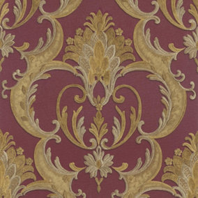 Debona Classic Damask Red Gold Wallpaper Textured Floral Traditional Metallic