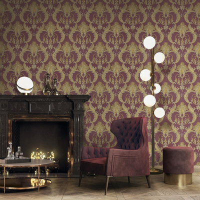 Debona Classic Damask Red Gold Wallpaper Textured Floral Traditional Metallic