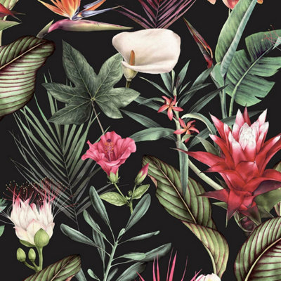 Debona Flora Wallpaper Floral Leaf Tropical Leaves Jungle Red Green Black 5070