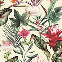 Debona Flora Wallpaper Floral Leaf Tropical Leaves Jungle Red Green Cream 5072