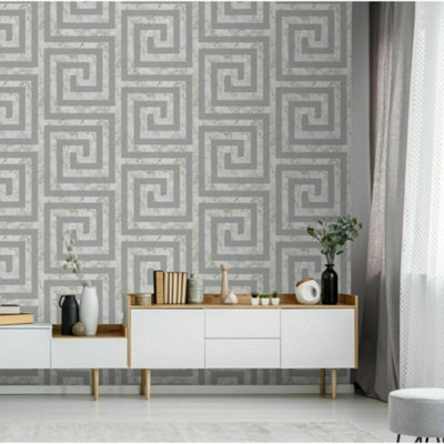 Debona Geometric Greek Key Marble Grey Washable Luxury Wallpaper 4018