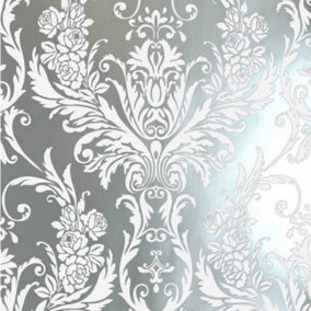 Debona Medina Flock Damask Silver & White Metallic Wallpaper 4001
