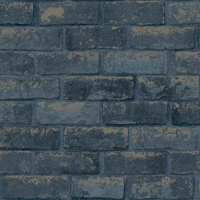 Debona Metallic Navy Blue Brick Wall 3d Effect Rustic Stone Feature Wallpaper