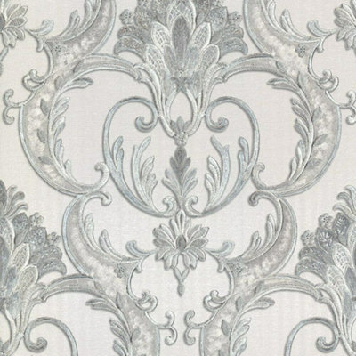 Debona Perla Damask Wallpaper Textured Vinyl Embossed Metallic Glitter Grey 9091